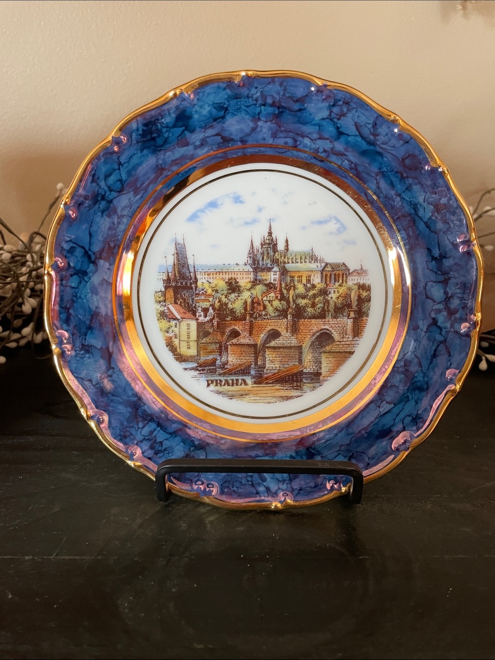 Vintage Rare Plate Victoria Czech Republic Cobalt Decorative Porcelain PRAHA 7"